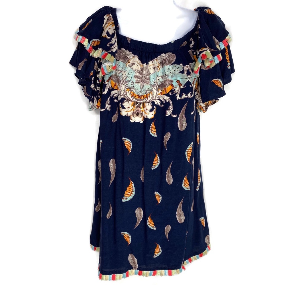 Umgee Boho Feather Print Fringe Trim Tunic2021 - image 5